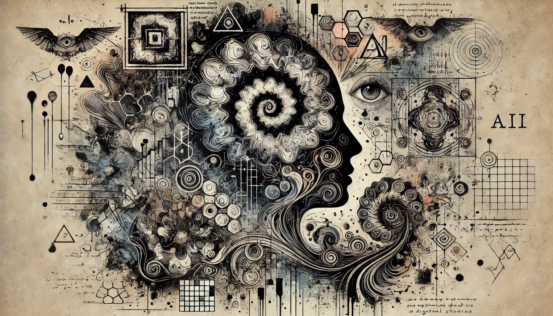A mysterious haunting abstract sketch that symbolizes the entanglement of psychoanalysis AI and digital-studies, depicting a skull outline with spirals inside