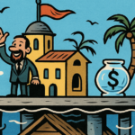 A humorous, colorful 2D digital illustration depicting a deceptive seasteading project [AI-generated image]. ChatGPT.