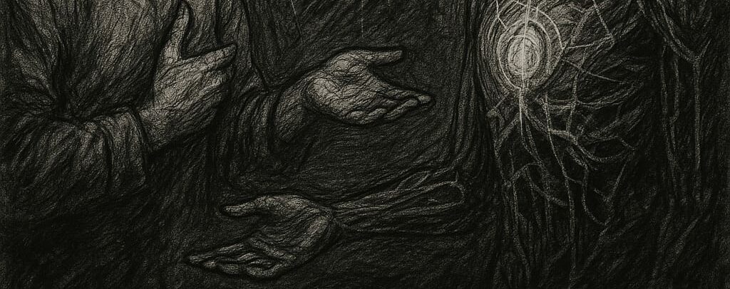dark sketch, depicting two figures extending their hands to each other
